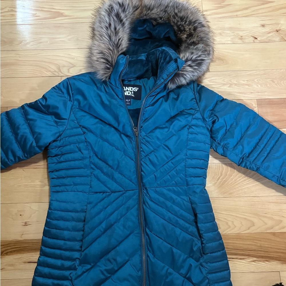 Lands' End Blue Quilted Jacket with Faux Fur Trim